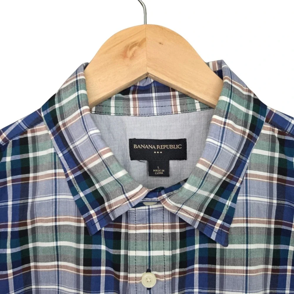 Banana Republic Shirt Mens Large Blue Plaid Button Up Long Sleeve Casual Pocket
